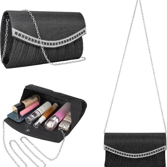 Pleated Evening Clutch Bag Rhinestone Envelope Handbag Small Glitter Shoulder Cr - Picture 5 of 8
